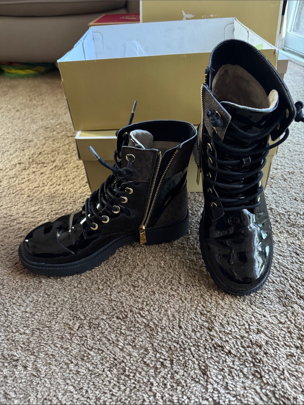 Michael Kors Black Patent Lace-Up Combat Boots with Gold Hardware